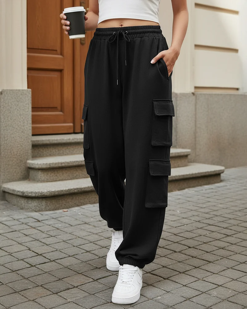 بيواكوف Women's Black Super Loose Fit Cargo Joggers